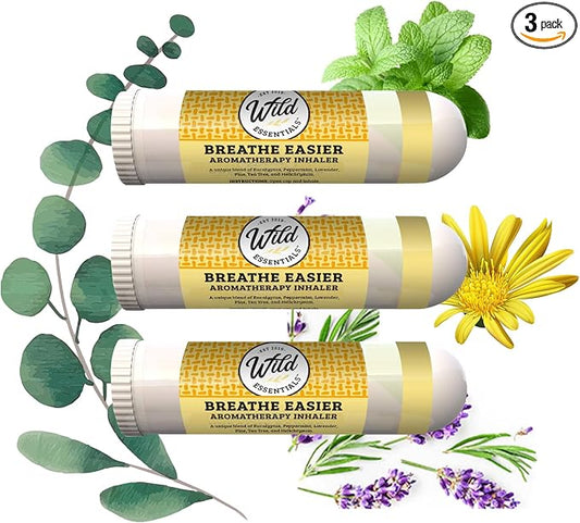 Wild Essentials 3 Pack of Breathe Easier Aromatherapy Nasal Inhalers Made with 100% Natural, Premium Grade Essential Oils, Allergies, Sinus, Clearing