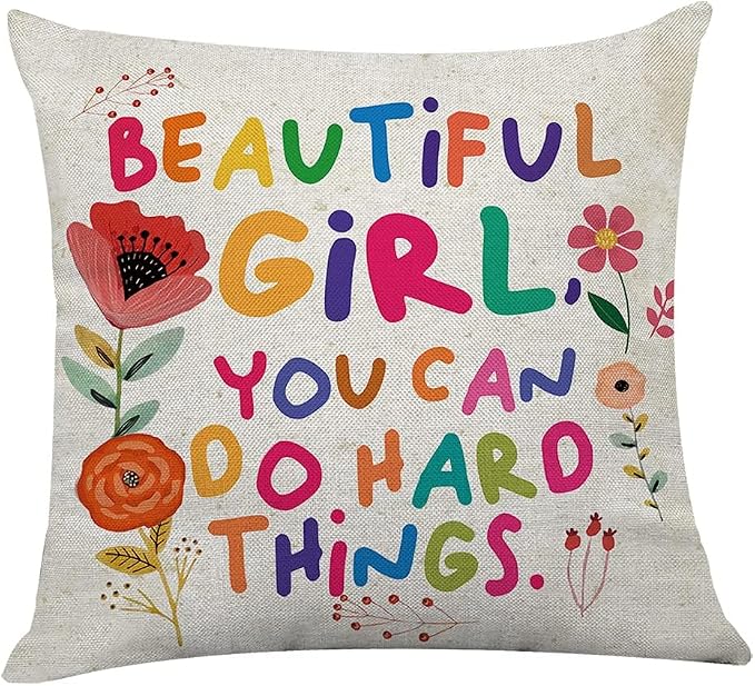 Littlefa Beautiful Girl You Can Do Hard Things Decorative Pillow Cover | Beautiful Girl You Can Do Hard Things Inspirational Pillow Case, Motivational Colorful Pillow Cover for Girls Teens Kids