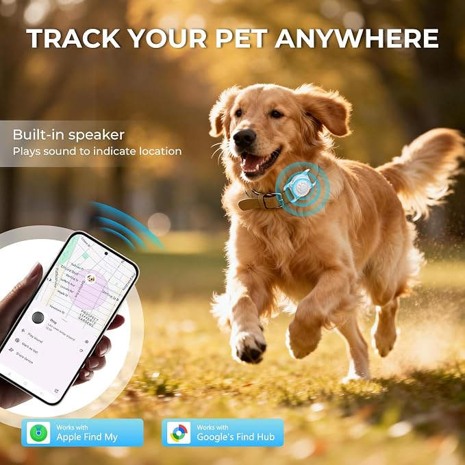 GPS Dog Tracker Collar (iOS & Android), Pet Activity Tracker No Monthly Fee | Pet Location Tracker with Holder Works with Apple Find My & Google Find Hub, Finder Tag for Pets, Items White 1 Pack