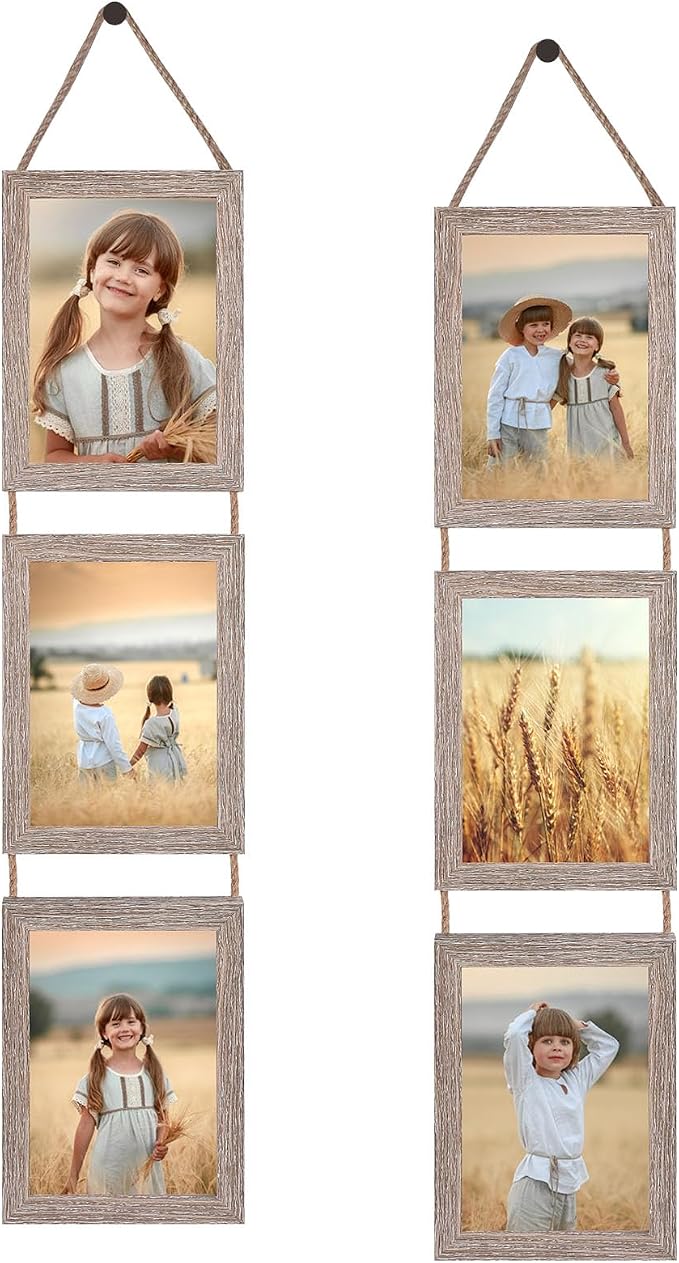 QUTREY Collage Picture Frame 5x7, 6 Openings Vertical Hanging Photo Frame Set of 2, 5 by 7 inch Multi Picture Frames for Wall, Rustic Grain