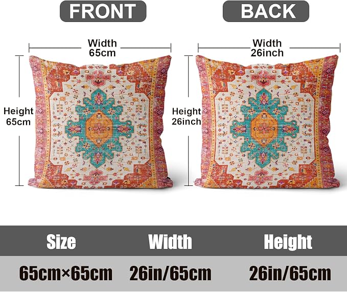 Boho Throw Pillow Covers 26x26 inch Set of 2,Soft Pillowcases Bohemia Carpet Printing Pattern Decorative Sofa Living Room Bed Square Pillow Case Cushion Cover-Reddish Orange