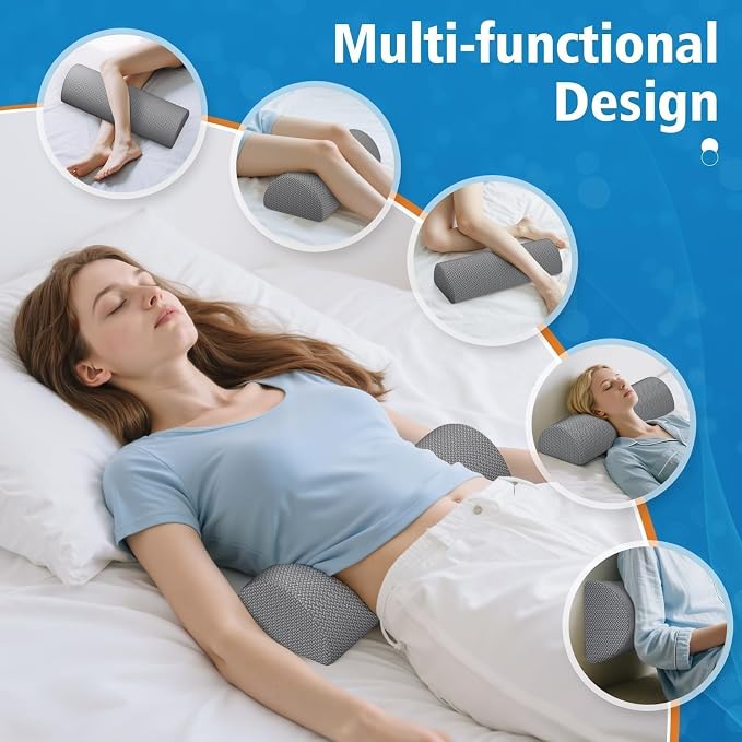 Knee Pillow for Side Sleepers, Half Moon Memory Foam Bolster Pillow for Legs, Ergonomic Design Wedge Elevation Pillow for Side & Back Sleeping, Under Knee Support, Foot, Ankle, Lumbar, Gray - 2 Pack