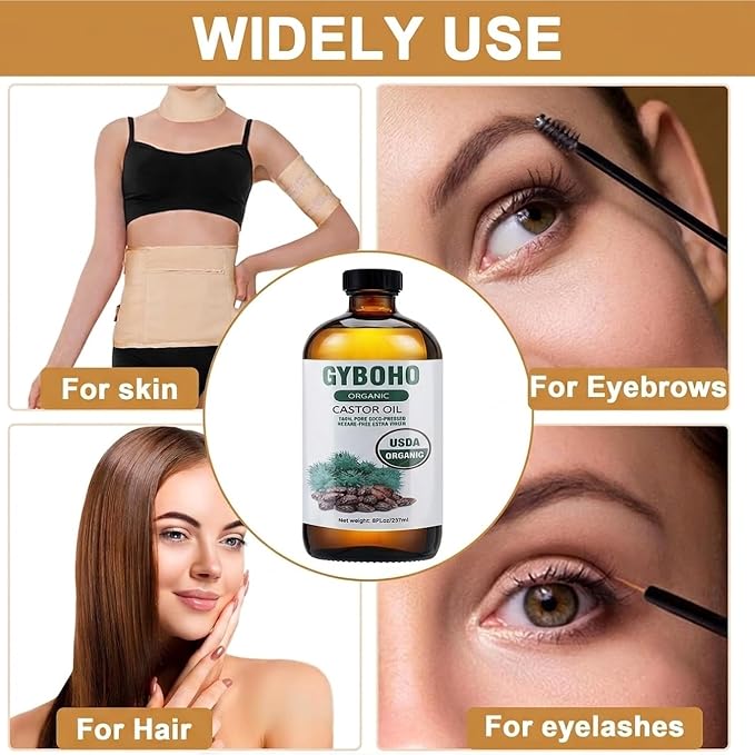8oz Castor Oil Organic and 4pcs Reusable Castor Oil Pack Wrap Organic Cotton,for Stomach-Neck-Abdomen -Knee-Arm-Liver Detox,with Eyebrow and Eyelash Care Tool Set