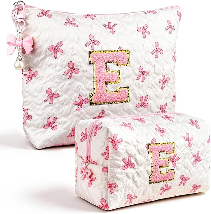 Initial Makeup Bag, Valentines Day Gifts for Women Teens Girls Birthday Gift Personalized Bow Cosmetic Bag, Quilted Cosmetic Travel Toiletry Pouch, Cute Makeup Organizer Teen Girl Gifts Trendy Stuff E