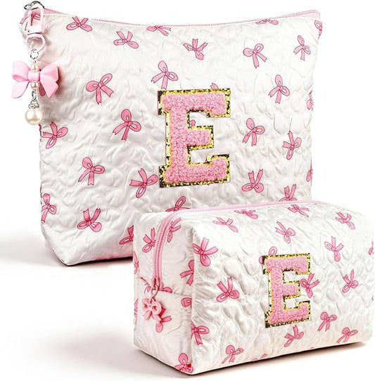 Initial Makeup Bag, Valentines Day Gifts for Women Teens Girls Birthday Gift Personalized Bow Cosmetic Bag, Quilted Cosmetic Travel Toiletry Pouch, Cute Makeup Organizer Teen Girl Gifts Trendy Stuff E