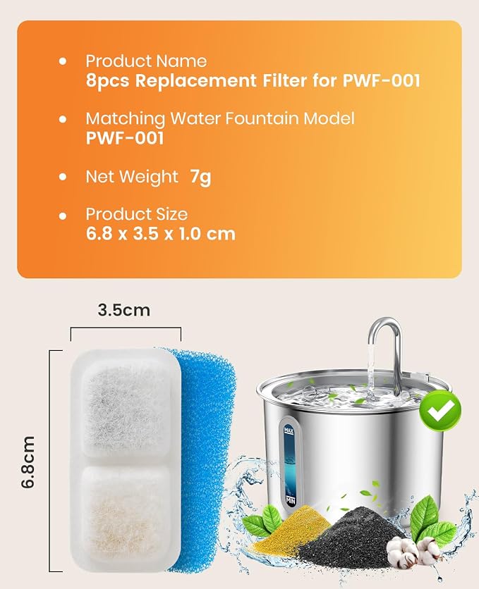 oneisall 8 Pack Replacement Filters for PWF-001 2L/67oz Cat Water Fountain Stainless Steel Water Fountain for Cats Inside, 3 Filtration System