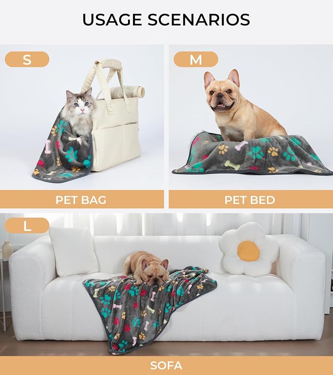 Luciphia 3 Pack Soft Fleece Dog Blankets for Medium Dogs Puppy Cats,30"x20" | Washable Throw Blanket for Crate, Couch, Bed, Travel. Cute Paw & Bone Print. Puppy Essential, Dog Gift,Grey