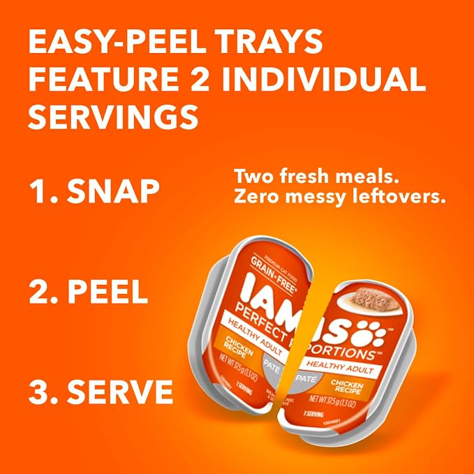 IAMS Perfect Portions Pate Wet Cat Food, Chicken & Salmon, 24 Count | Grain-free, Omega 6 & 3 Fatty Acids for skin & coat, prebiotics & beet pulp, snap-peel-serve 2.6 oz. twin-pack trays