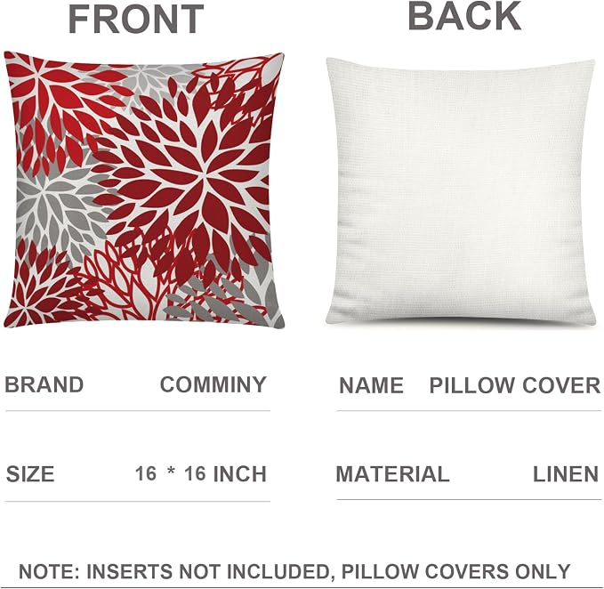 COMMINY Red Grey Pillow Covers 16x16 Set of 6 Decorative Burgundy Daisy Throw Pillow Cover for Couch Modern Farmhouse Cushion Cover for Patio Sofa Bed Living Room Home Decor | red floral, decorative cushion cover, Breathable Linen, Accent pillow, chair...