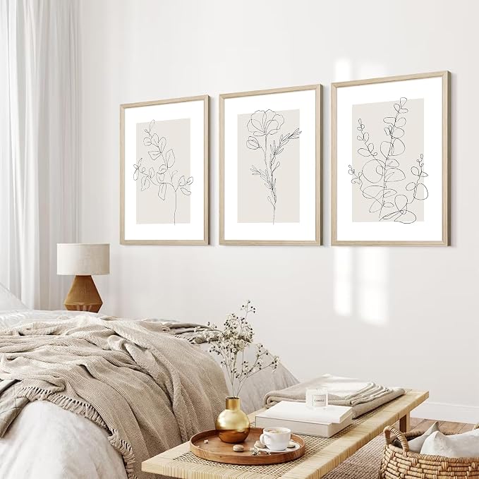 Neutral Botanical Prints Wall Art Flower Minimalist Canvas Wall Decor Vintage Line Wall Art Floral Plant Painting Pictures Beige Boho Artwork Farmhouse Poster for Bedroom 16x24x3 Inch Wood Framed