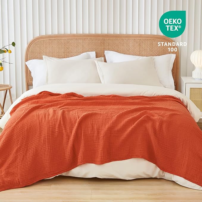 EMME Cotton Muslin Queen Blanket Bed Layering Bedspread Coverlet Breathable Gauze Soft Lightweight Adults (Heather Orange Rust, 90"x90")
