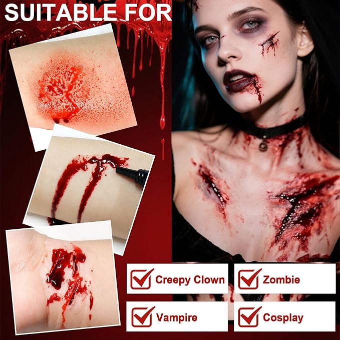 Yosca 3Pcs Halloween Fake Blood, Realistic Washable Fake Blood Spray, Dripping, Coagulated Halloween Makeup Kit, Face Body Paint Special Effects Makeup for Clown Zombie Bride Vampire Monster Cosplay