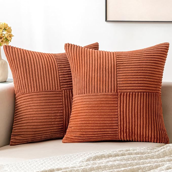 MIULEE Pillow Insert 18x18 Inch Rust Corduroy Pillow Covers Pack of 2 Boho Decorative Spliced Throw Pillow Covers