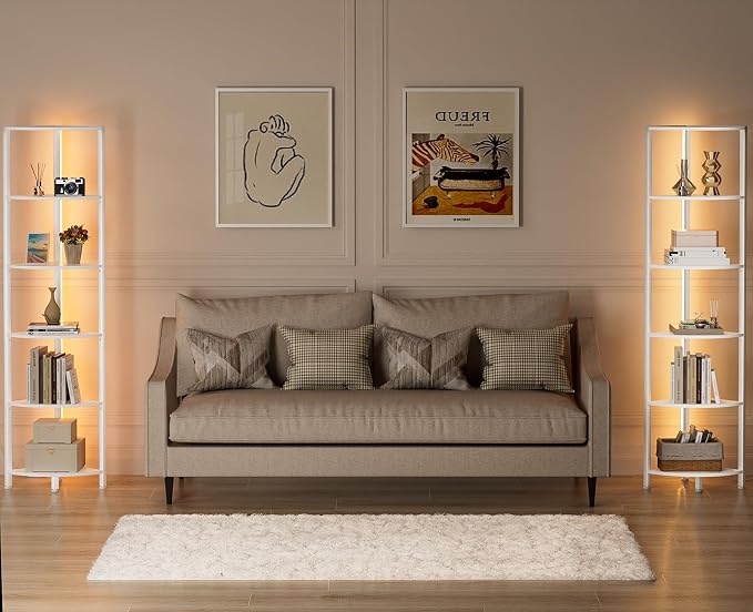 6 Tier Corner Shelf with LED Light, 67.5" White Narrow Bookshelf | Tall Standing Shelf Organizer, Storage Rack for Wall Corner, Living Room, Bedroom, Metal Frame, Wood Display Shelf