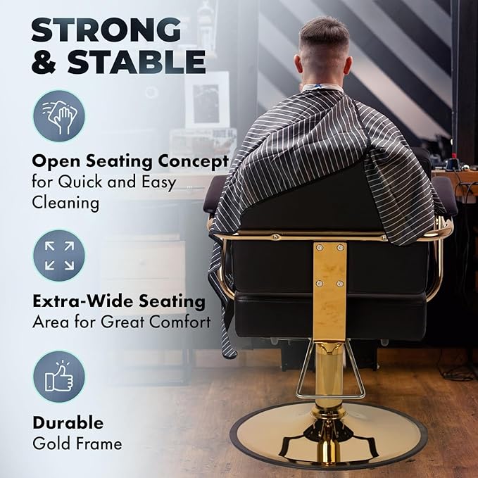 Buy-Rite Victoria Styling Chair for Professional Salons and Barbers, Gold Frame, Smooth All Black Premium Vinyl with Detailed Stitching, Hydraulic Pump, NIN-5506