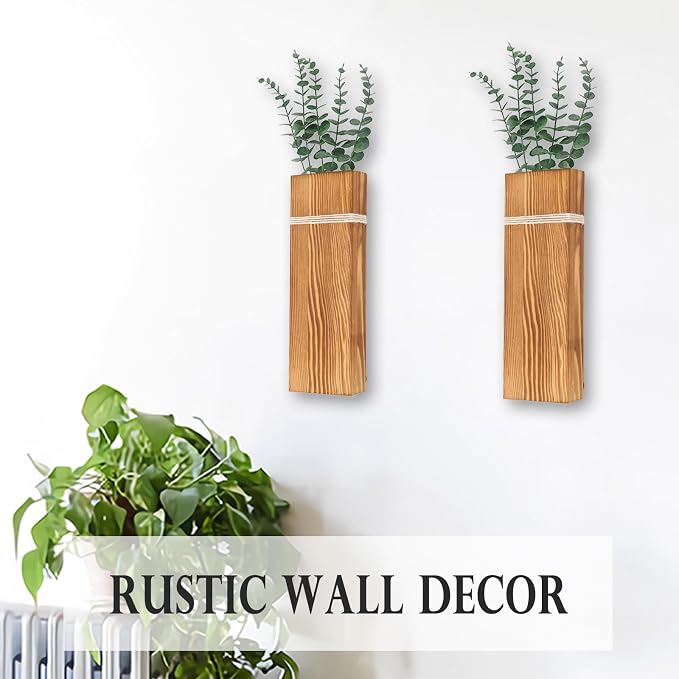 Wall Planters for Indoor Plants-2 Pack Wood Wall Vases for Dried Flowers & Artificial Plants Modern Farmhouse Wooden Vase for Living Room Bedroom Kitchen Decorations - Brown