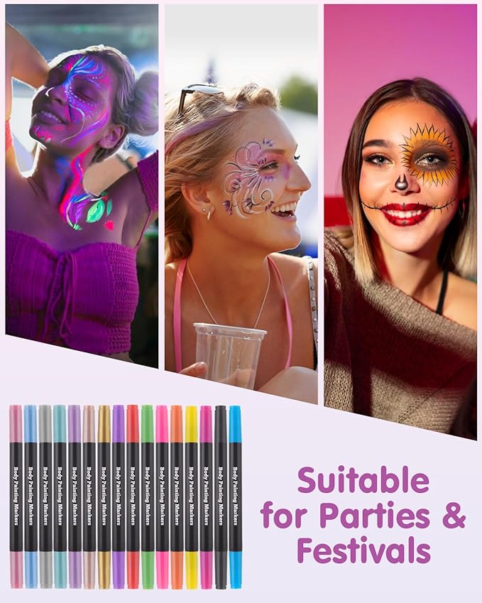 Lictin Temporary Tattoo Markers for Skin, 16 Colors Dual-End Skin Tattoo Pens with 80 Tattoo Stencils, Matte & Metallic Body Markers for Kids Teens and Adults, Flexible Brush Tip, Cosmetic-Grade