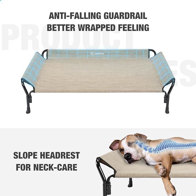 Veehoo Cooling Elevated Dog Bed, Raised Dog Cot with Guardrail & Headrest | Washable Dog Couch Bed for Indoor & Outdoor, Durable Breathable Teslin Mesh, Non-Slip Feet, Large 47" x 32", Beige Coffee