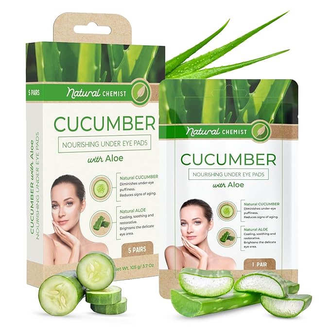 Natural Chemist Cucumber & Aloe Under Eye Patches - Cooling, Reduces Puffiness, Anti-Aging, Hydrating, Dermatologist Tested, Cruelty Free Korean Skin Care For All Skin Types - 5 Pairs