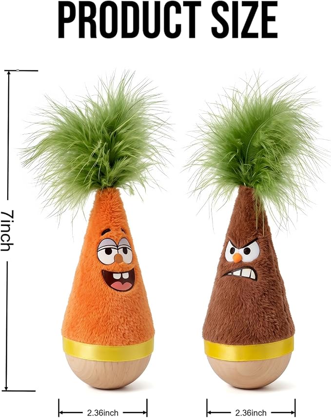 Wooden Wobble Cat Toy, Natural Beechwood Self-Righting Tumbler – 2-Pack Angry & Happy Carrot Kicker, Interactive Silent Cat Toy for Indoor Cats, Battery-Free Plush, Aesthetic Home Decor Gift