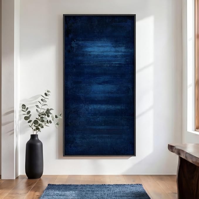 Large Framed Navy Blue Abstract Wall Art, Modern Vertical Canvas Prints Paintings Artwork for Walls, Minimalist Contemporary Dark Blue Pictures Wall Decor for Hallway Living Room Bedroom, 30x60 In