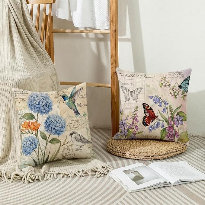 wyooxoo Farmhouse Pillow Covers 20x20 Set of 4 Spring Summer Throw Pillow Covers Linen Flower Butterfly Bird Decorative Pillowcases for Sofa Couch Living Room Outdoor