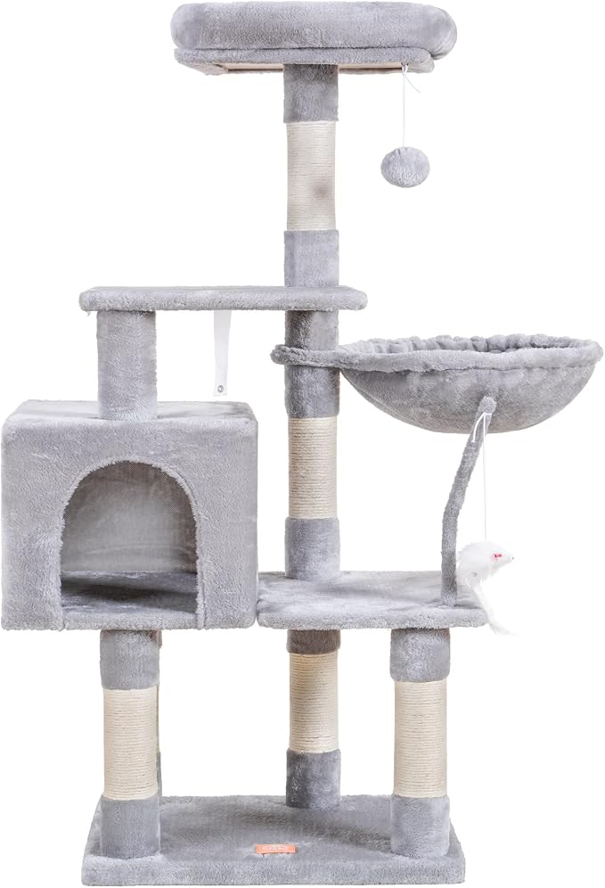Heybly Cat Tree with Toy, 43.3 inch Cat Tower for Indoor Cats HCT004W | Cat Condo with Durable Sisal Scratching Posts, Cat House with Padded Plush Perch, Cozy Hammock, Light Gray