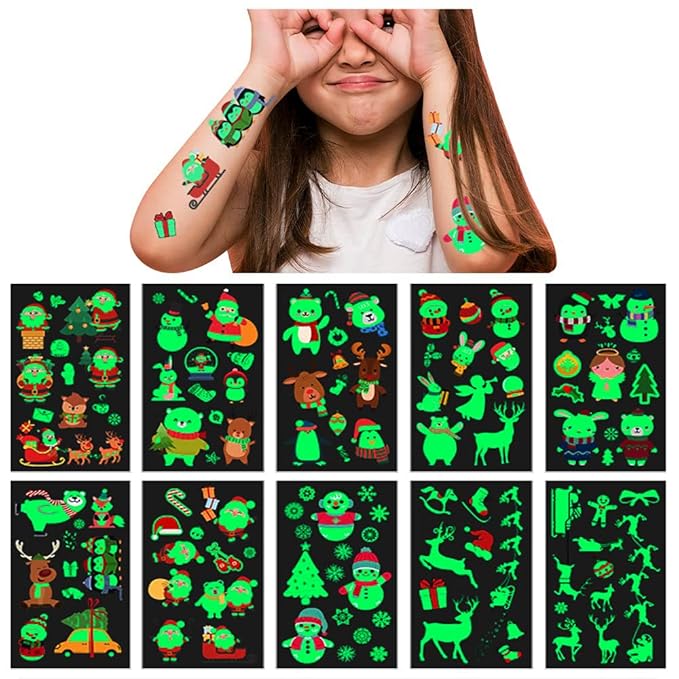 Luminous Christmas Temporary Tattoos for Kids - 120 Pieces Christmas Glow in The Dark Tattoos Stickers for Boys and Girls,Christmas Party Favors for Kids Stocking Stuffers and Gifts 10 Sheets