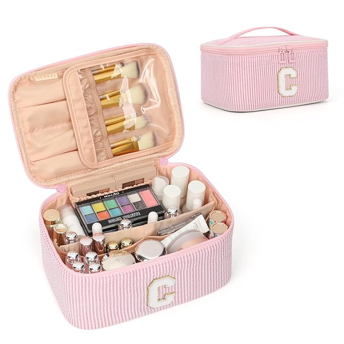 OCHEAL Makeup Bag Valentines Day Gifts for Women, Monogram Cosmetic Bag Pink Travel Makeup Case Beauty Toiletry Bag Organizer Personalized Gifts for Girls Bridesmaid, Sister, Wife, Friends Initial C