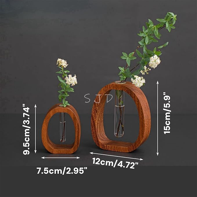 Walnut Wood Glass Flower Vase with Test Tubes, Large+Small | Modern Hydroponic Planter, Fresh Cut Flowers, Handcrafted Tabletop Decor, Home, Office, Farmhouse Style