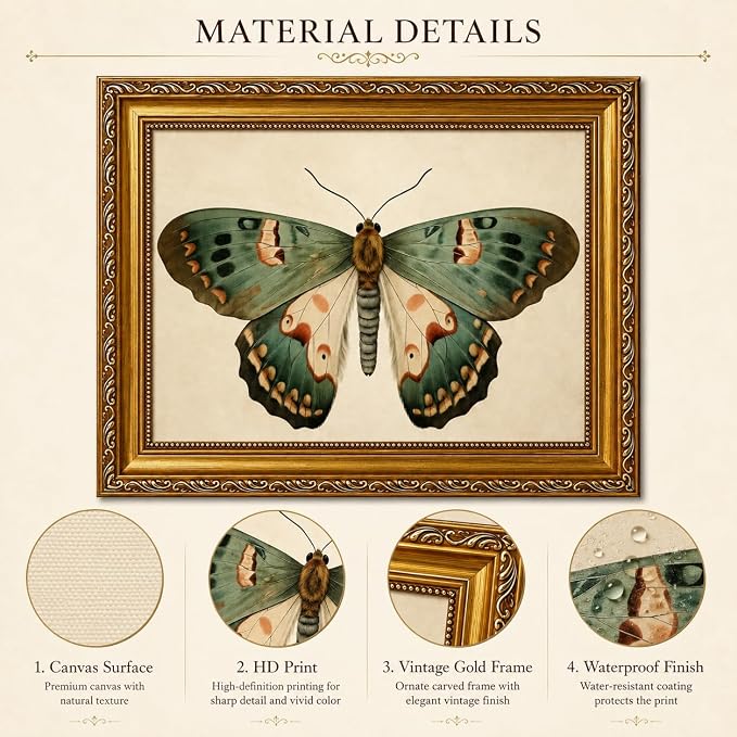 Vintage Butterfly Wall Art, Gold Framed Canvas Print, 9x11 in | Ornate gold frame, vintage butterfly print, ready to hang for bedroom, bathroom, shelf, or gallery wall