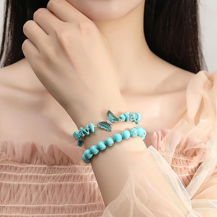 DUQGUHO 2Pcs Butterfly Bracelets for Women Healing Crystals Bracelets for Women Natural Gemstone Bead Bracelet Cute Butterfly Charm Bracelet Stretch 8mm Crystal Jewelry Gifts for Women