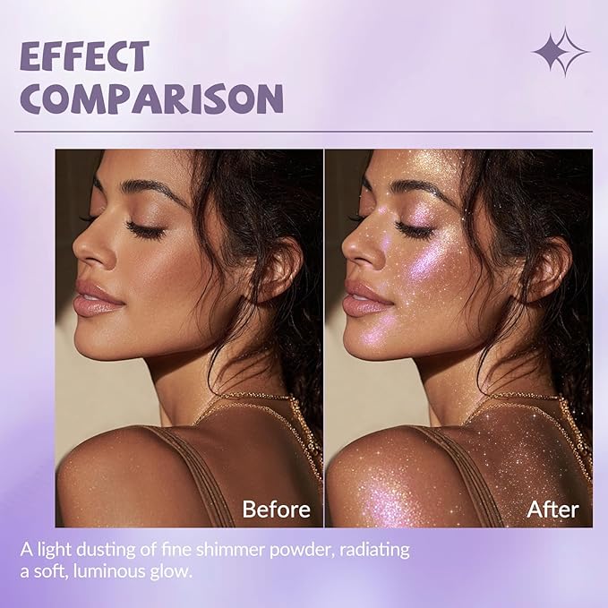 Chameleon Body Glitter Powder, Air Cushion Highlighter for Face, Hair, Multichrome Color Shifting Sparkling Body Shimmer Patting Powder Smooth Easy-Use Glow Makeup, 05 Hologhraphic Purple
