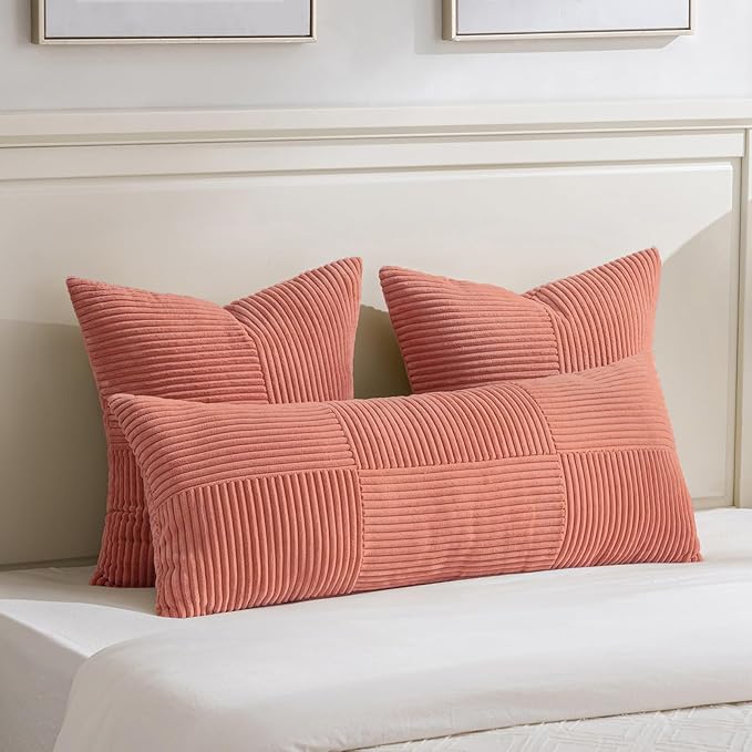 Fancy Homi Coral Decorative Throw Pillow Covers 22x22 Inch for Living Room Couch Bed, Rustic Farmhouse Boho Home Decor, Soft Corss Corduroy Patchwork Accent Square Cushion Case 55x55 cm