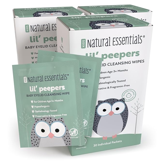 Natural Essentials Lil' Peepers Baby Eye Wipes and Eyelid Cleanser, Preservative-Free & Rinse-Free, Pediatrician Recommended Hypoallergenic Soft Eyelid Wipes for Babies, Kids & Adults, 30 Count (3pk)