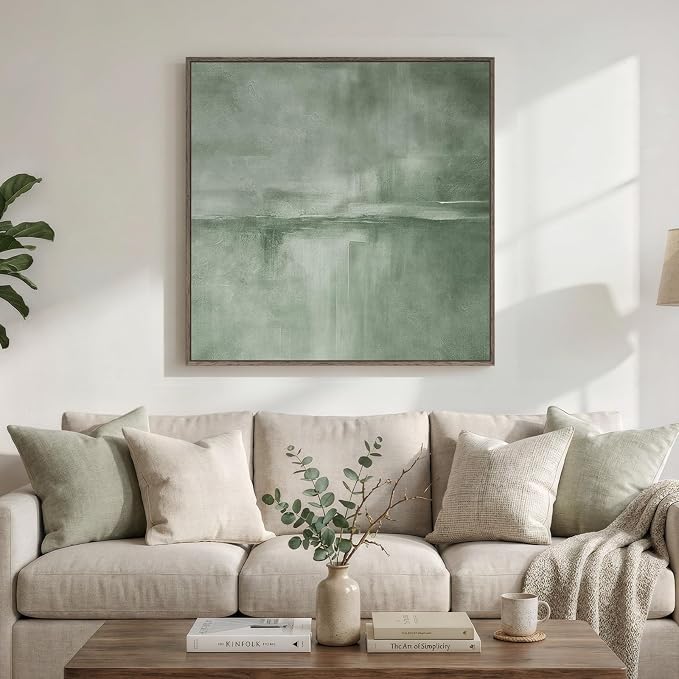 Large Framed Sage Green Abstract Wall Art for Living Room Decor, 36x36 In | Oversized, Canvas prints, Abstract pictures, Sage green, Modern minimalist artwork, Square Paintings, Bedroom wall decor