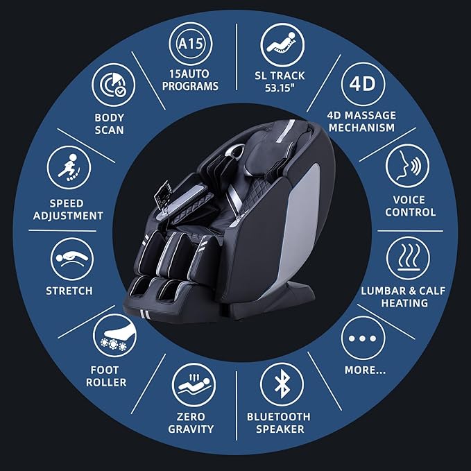 MassaMAX 4D Full Body Massage Chair with Zero Gravity, Extendable Footrest, SL Track, 15 Modes, AI Voice Control, Yoga Stretch, Foot Rollers, and Waist & Calves Heating Comfort with Cover (Black)