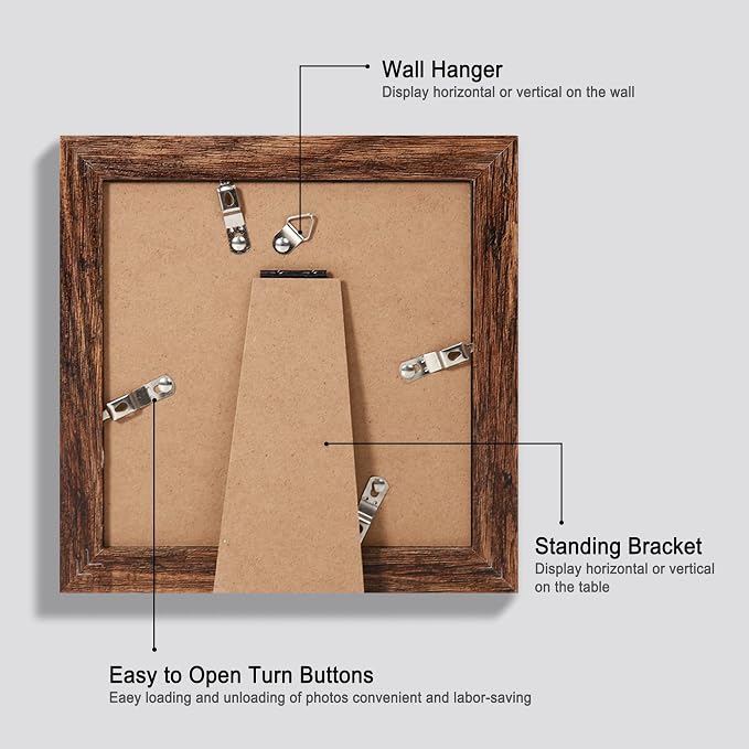 Hongkee 6x6 Picture Frame Set of 4, Made of Glass and Rustic Brown Wooden Frame - Display Picture 4x4 with Mat or 6 x 6 Without Mat, 6x6 Photo for Wall or Tabletop