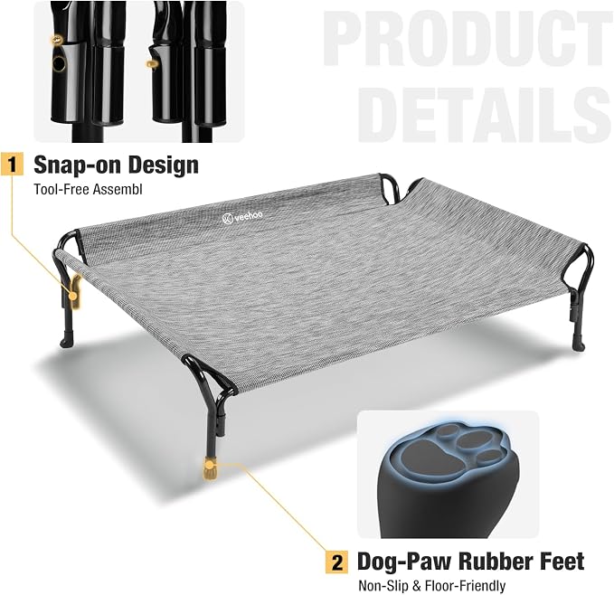 Veehoo Cooling Elevated Dog Bed, Raised Dog Cot with Guardrail & Headrest | Washable Dog Couch Bed for Indoor & Outdoor, Durable Breathable Teslin Mesh, Non-Slip Feet, Large 47" x 32", Black Silver