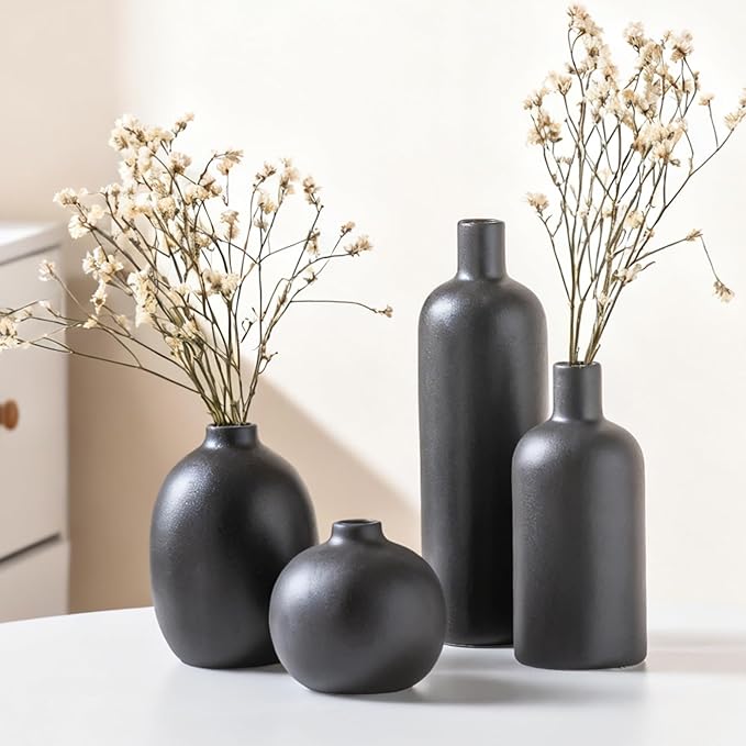 Black Ceramic Vase Set of 4, Classic Matte Small Vases Home Decorations for Table Shelf Office Centerpieces Decor