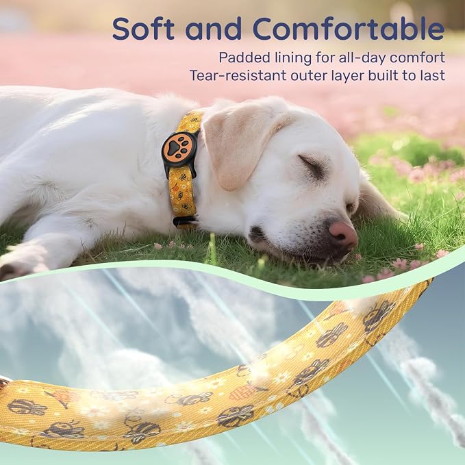 Airtag Dog Collar,with Waterproof airtag Holder，Original Stylish Cute Pattern Design.QR Code ID Buckle，Comfortable Soft Cotton for Small Medium Large Dogs
