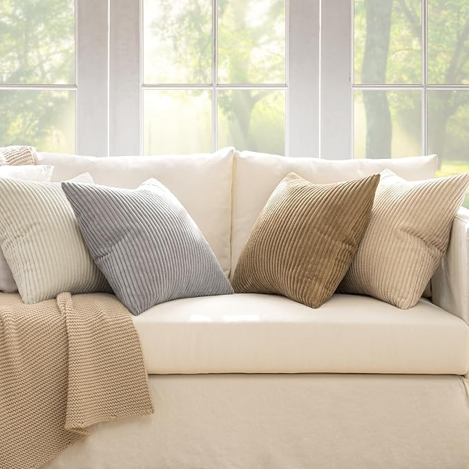 MIULEE Soft Corduroy Decorative Throw Pillow Covers Neutral 18x18 | Set of 4, Mid Century Home Decor, Cream Brown Collection, Boho Farmhouse Cushion Covers for Couch Bed Sofa Living Room