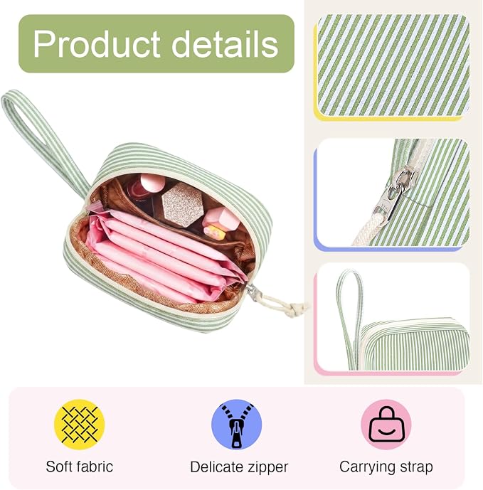Corduroy Period Pouch for Women, Cute Sanitary Pad Pouch with Zipper, Portable Tampon Holder for Purse, Sanitary Napkin Storage Bag for Travel (Stripes Green White)