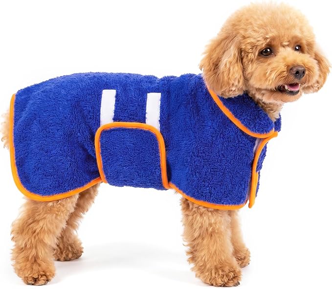 Dog Bathrobe, Super Absorbent for Small to Large Dogs, Dark Blue S | Dog Robes with Soft Fleece, Warm & Cozy, Adjustable Fit, and Quick Drying Coat for Baths Swimming and Grooming