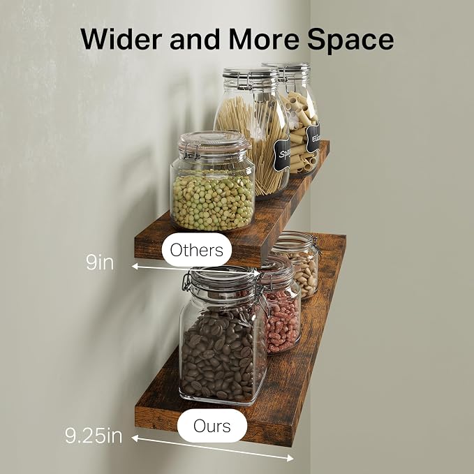 BAYKA Rustic Brown Floating Shelves 47.2in, Set of 2, Wall Mount Wood Shelf | Easy Install, 30lbs Max Load, Hidden Bracket, for Coffee Bar Book Bedroom Kitchen Office Storage Decor, Multi-Wall Compatible