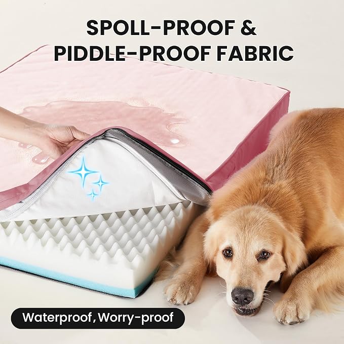 OhGeni Orthopedic Waterproof Large Dog Bed, Memory Foam, 41 inch(Pink) | Machine-Washable Removable Cover in Easy-Clean Fabric, Reversible Memory Foam & Easy-Carry Handle, Suitable for Crate