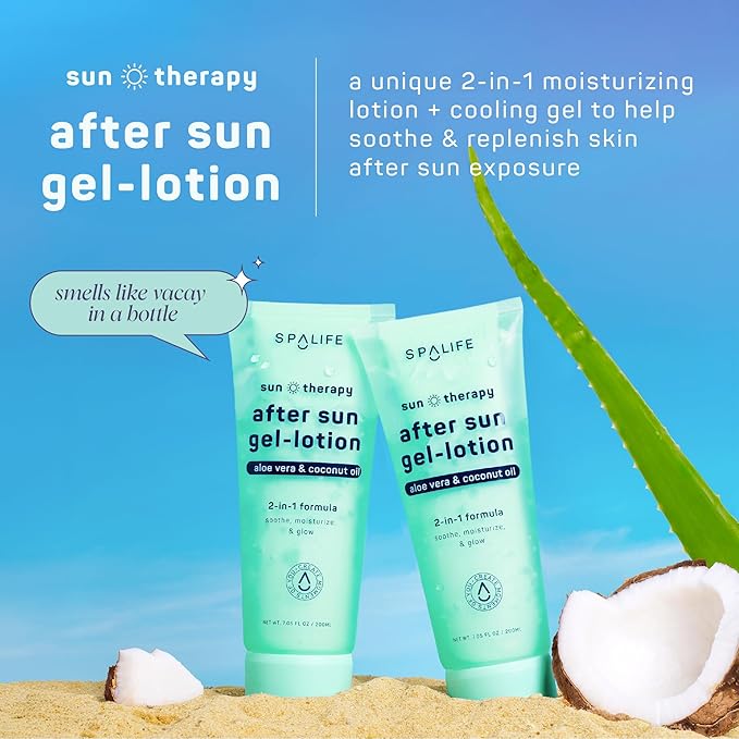 SpaLife After-Sun-Gel Lotion and Moisturizer for Sunburn Refelief - Two in One Formula, Infused with Aloe, Coconut Oil and Hyaluronic Acid - 2 Pack