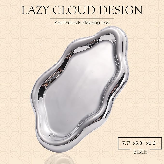 CCINPPY Ceramic Cloud Jewelry Tray Trinket Dish Key Bowl Nightstand Decor | Decorative Small Desk Tray Jewelry Plate Key Holder Bowl Cute Bedroom Room Decor Aesthetic, Gift for Women, Silver Medium