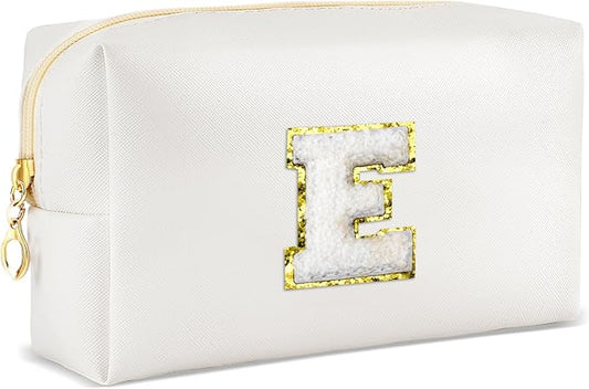 URSKYTOUS Gifts for Girls Initial Makeup Bag Personalized Cosmetic Bag with Zipper Cute Travel Toiletry Bags Waterproof PU Preppy Makeup Pouch Birthday Gift for Teen Girls Women(White E)