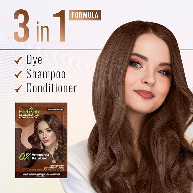 Herbishh Hair Color Shampoo for Gray Hair, Natural Ammonia Free Hair Dye with Argan Hair Mask – Long Lasting Chestnut Brown Coverage – Easy to Use Travel Pack – 20 Color Shampoo Pouches + 10 Hair Mask